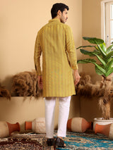 Yellow-Grey Self Design Handwoven Cotton Pathani Kurta