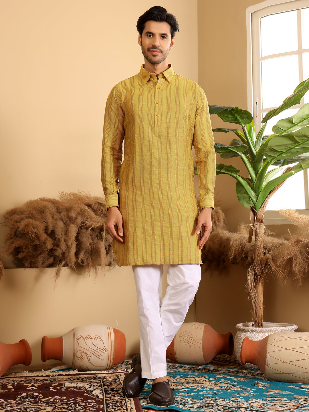 Yellow-Grey Self Design Handwoven Cotton Pathani Kurta