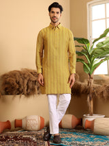 Yellow-Grey Self Design Handwoven Cotton Pathani Kurta