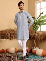 Light Blue Self Design Handwoven Cotton Pathani Kurta