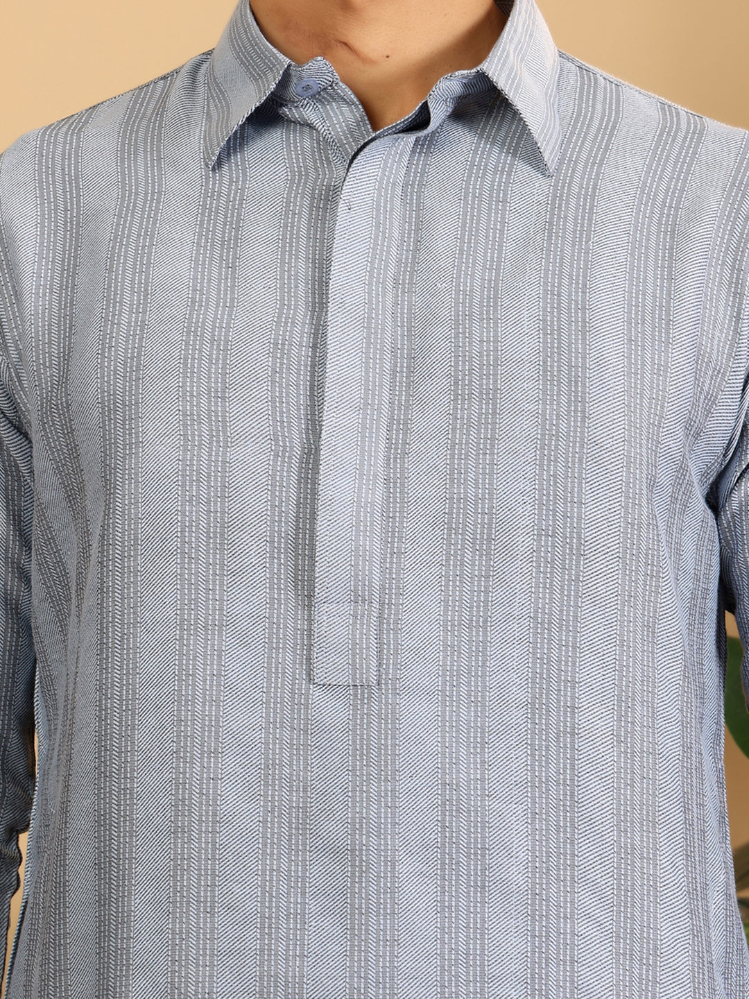 Light Blue Self Design Handwoven Cotton Pathani Kurta