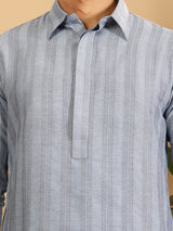Light Blue Self Design Handwoven Cotton Pathani Kurta