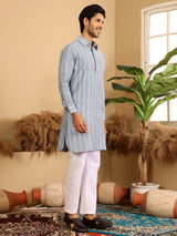 Light Blue Self Design Handwoven Cotton Pathani Kurta