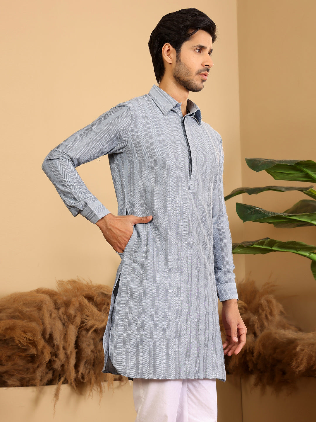 Light Blue Self Design Handwoven Cotton Pathani Kurta