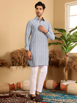 Light Blue Self Design Handwoven Cotton Pathani Kurta