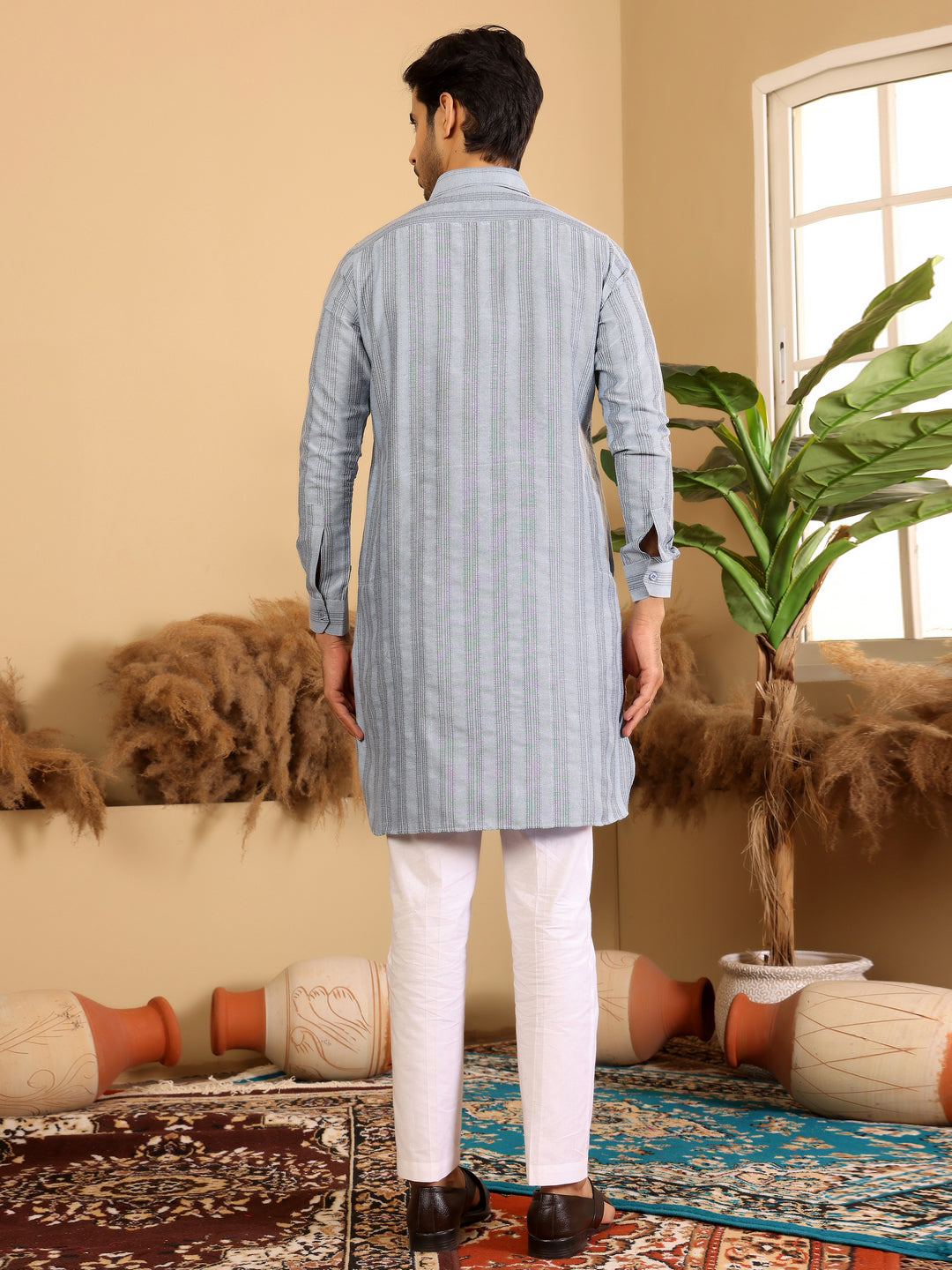 Light Blue Self Design Handwoven Cotton Pathani Kurta