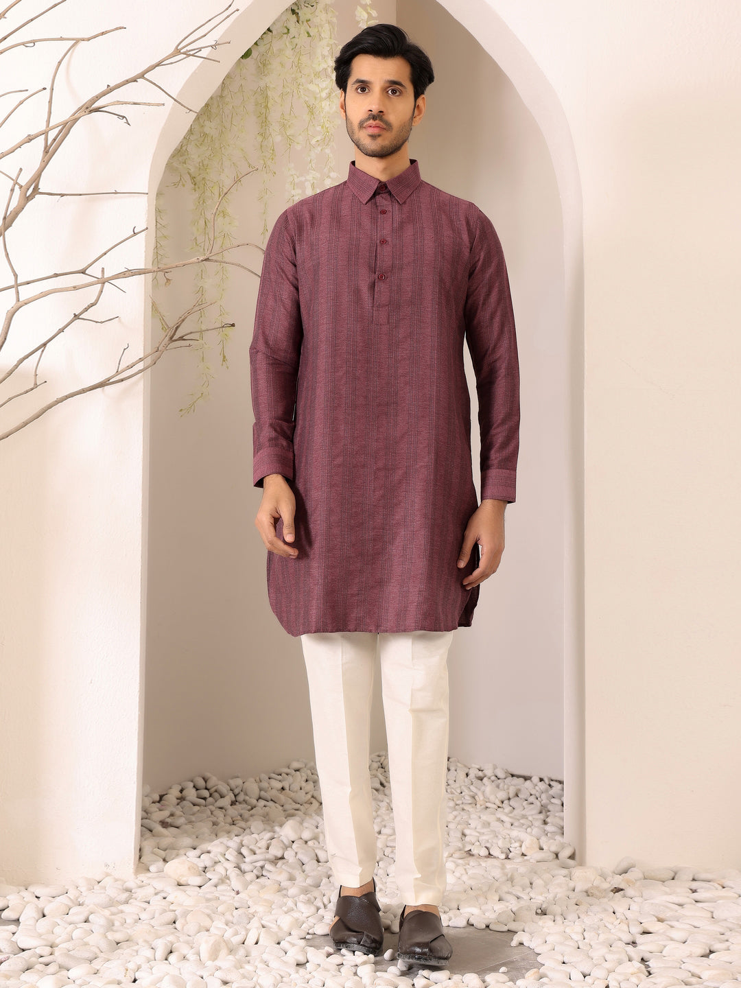 Dark Mauve Self Design Handwoven Cotton Pathani Kurta