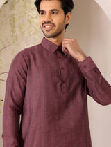 Dark Mauve Self Design Handwoven Cotton Pathani Kurta