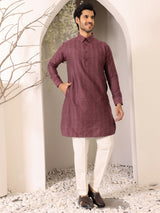 Dark Mauve Self Design Handwoven Cotton Pathani Kurta