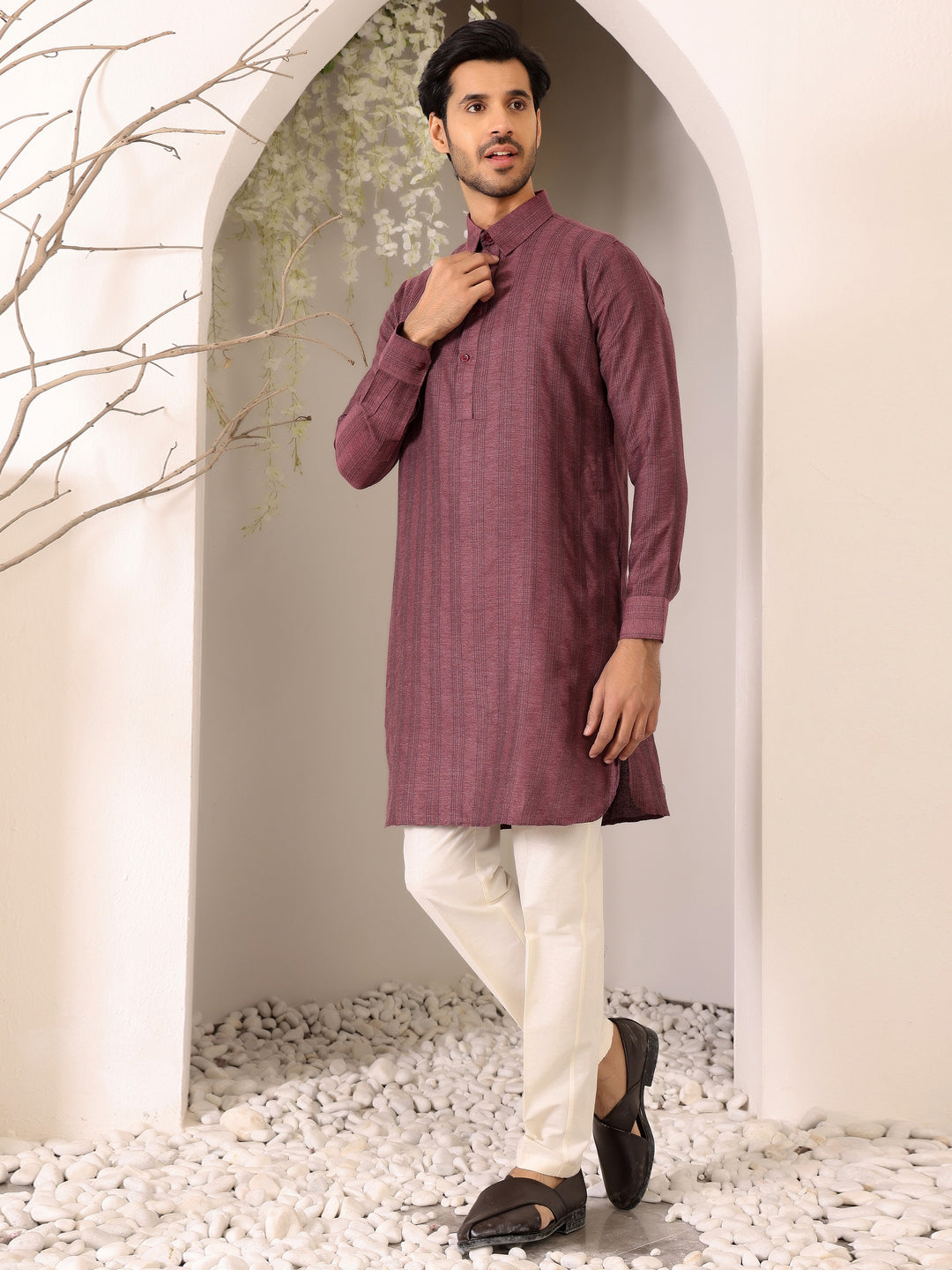 Dark Mauve Self Design Handwoven Cotton Pathani Kurta