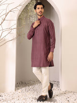 Dark Mauve Self Design Handwoven Cotton Pathani Kurta