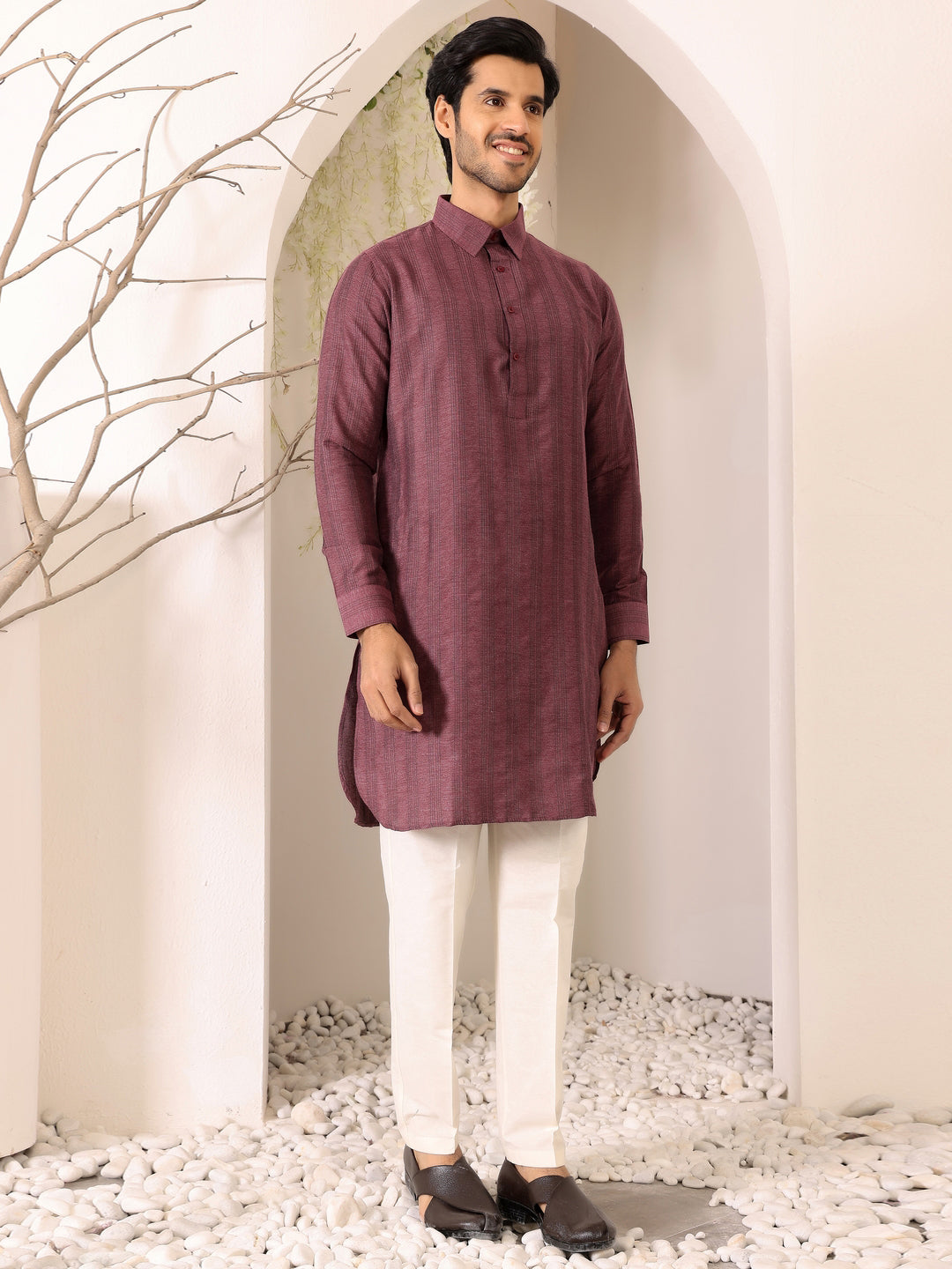 Dark Mauve Self Design Handwoven Cotton Pathani Kurta