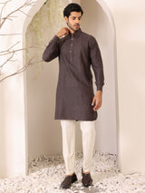 Brown Self Design Handwoven Cotton Pathani Kurta