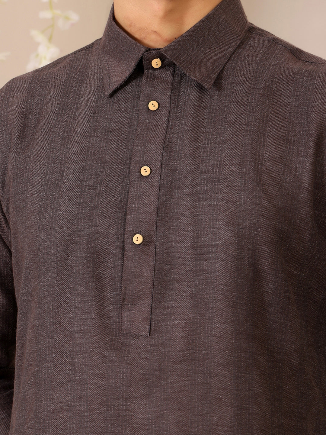 Brown Self Design Handwoven Cotton Pathani Kurta