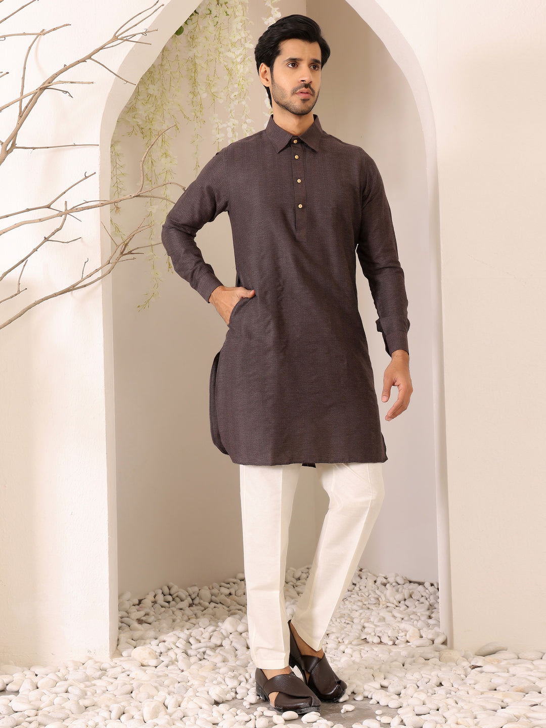 Brown Self Design Handwoven Cotton Pathani Kurta