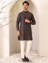 Brown Self Design Handwoven Cotton Pathani Kurta