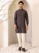 Brown Self Design Handwoven Cotton Pathani Kurta