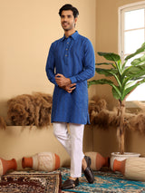 Royal Blue Self Design Handwoven Cotton Pathani Kurta