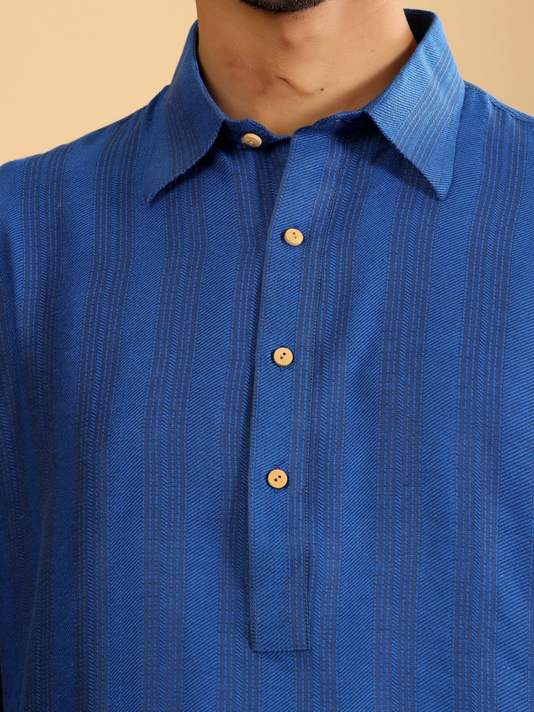 Royal Blue Self Design Handwoven Cotton Pathani Kurta