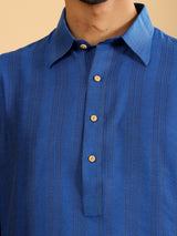 Royal Blue Self Design Handwoven Cotton Pathani Kurta