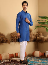 Royal Blue Self Design Handwoven Cotton Pathani Kurta