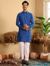 Royal Blue Self Design Handwoven Cotton Pathani Kurta