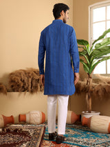 Royal Blue Self Design Handwoven Cotton Pathani Kurta