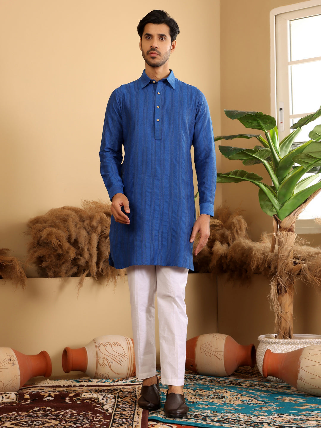 Royal Blue Self Design Handwoven Cotton Pathani Kurta