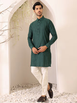 Emerald Green Self Design Handwoven Cotton Pathani Kurta
