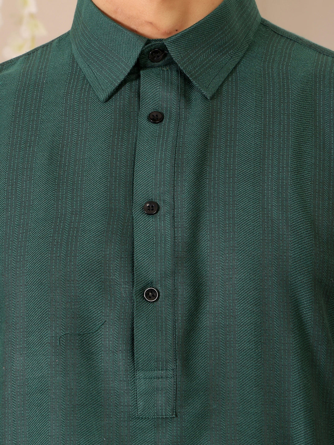 Emerald Green Self Design Handwoven Cotton Pathani Kurta