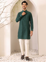 Emerald Green Self Design Handwoven Cotton Pathani Kurta