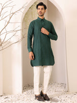 Emerald Green Self Design Handwoven Cotton Pathani Kurta