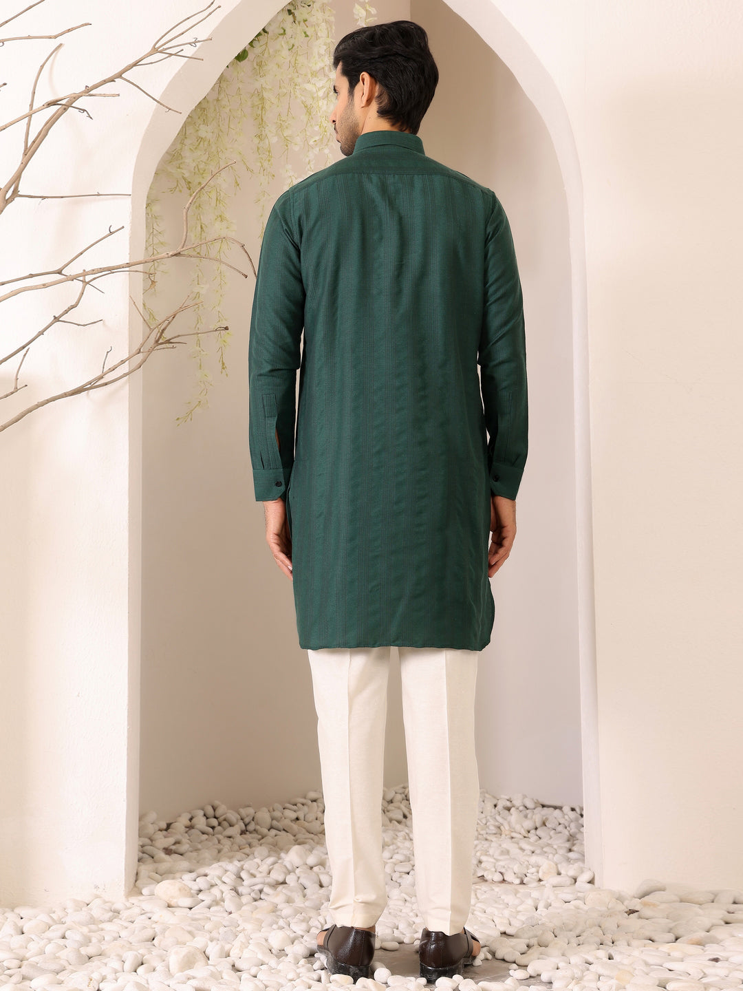 Emerald Green Self Design Handwoven Cotton Pathani Kurta