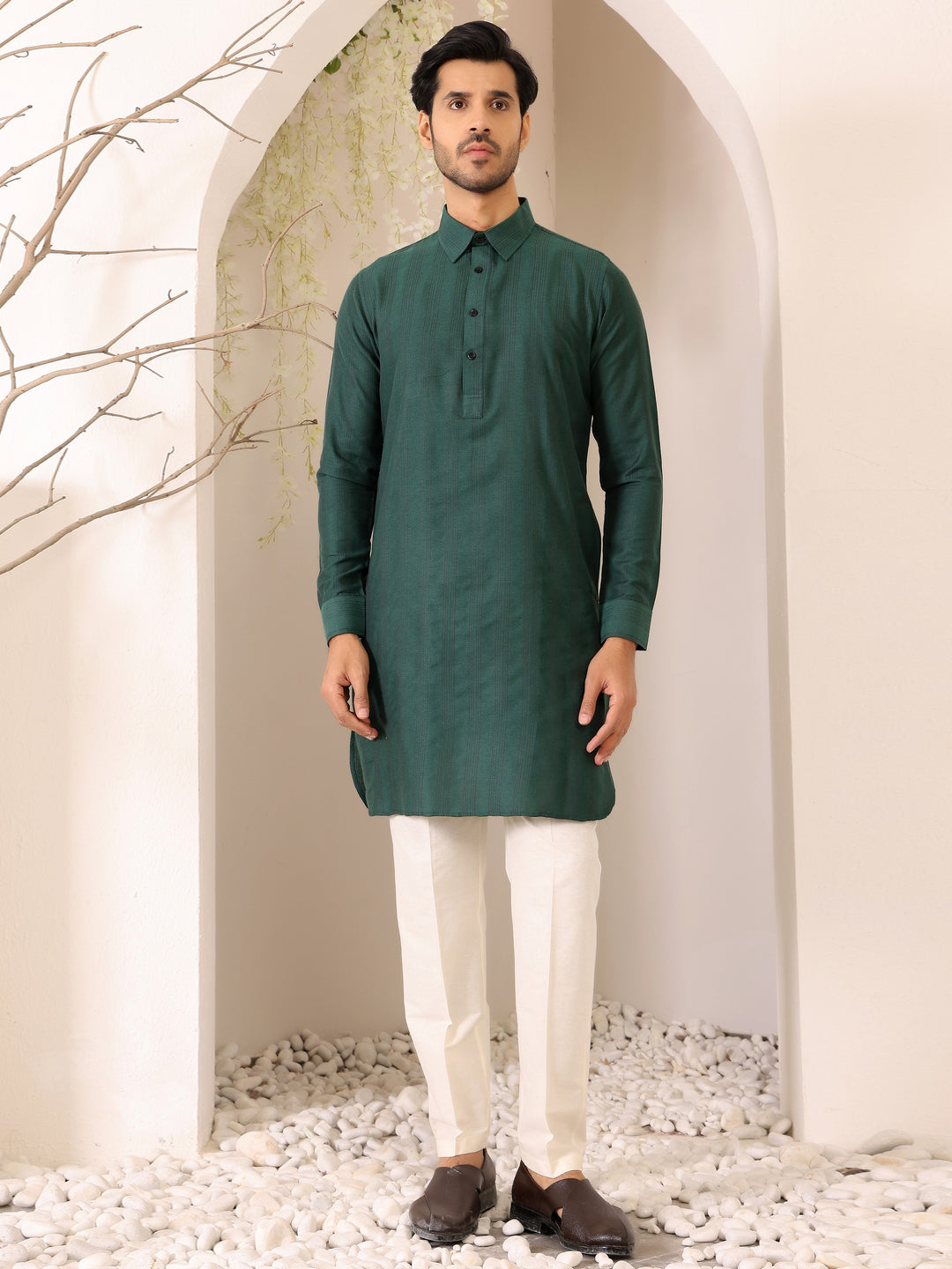 Emerald Green Self Design Handwoven Cotton Pathani Kurta