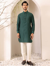 Emerald Green Self Design Handwoven Cotton Pathani Kurta