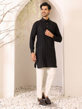 Black Self Design Handwoven Cotton Pathani Kurta