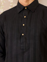 Black Self Design Handwoven Cotton Pathani Kurta