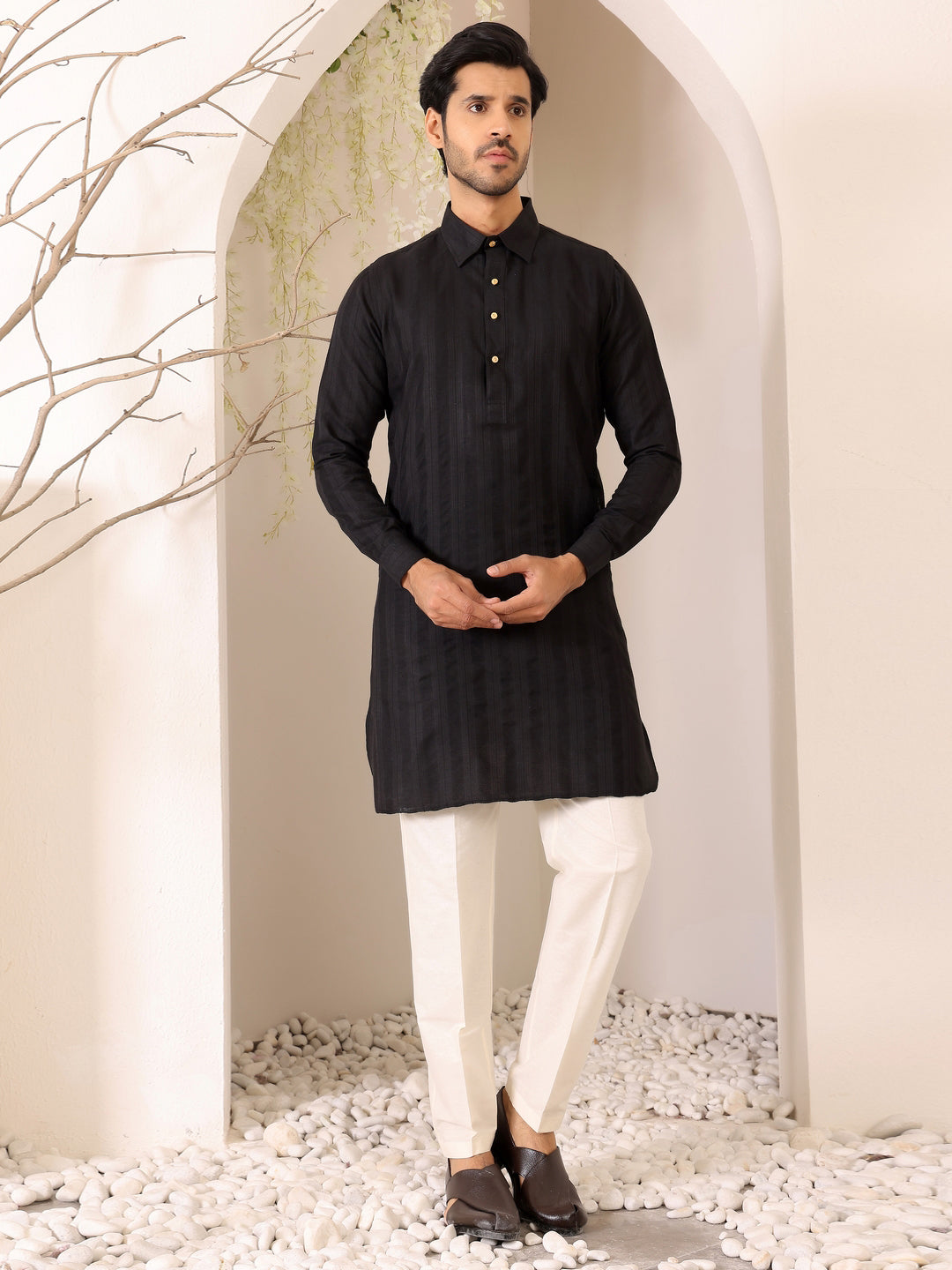 Black Self Design Handwoven Cotton Pathani Kurta