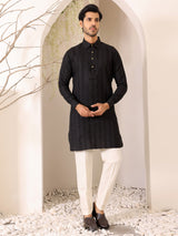 Black Self Design Handwoven Cotton Pathani Kurta