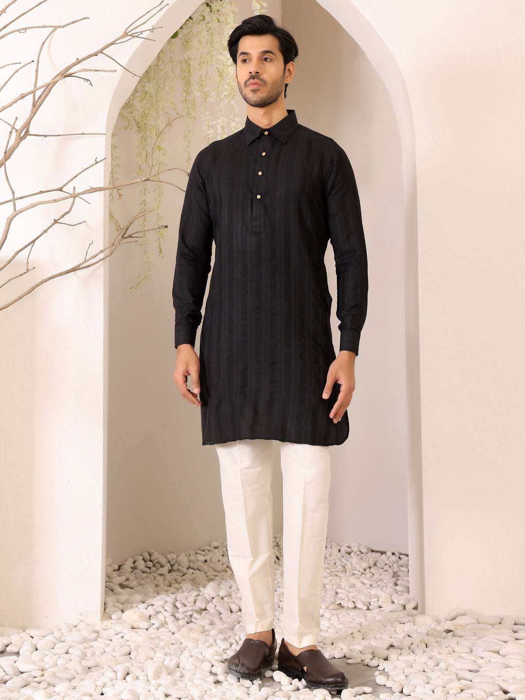 Black Self Design Handwoven Cotton Pathani Kurta