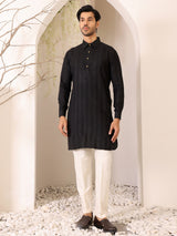 Black Self Design Handwoven Cotton Pathani Kurta