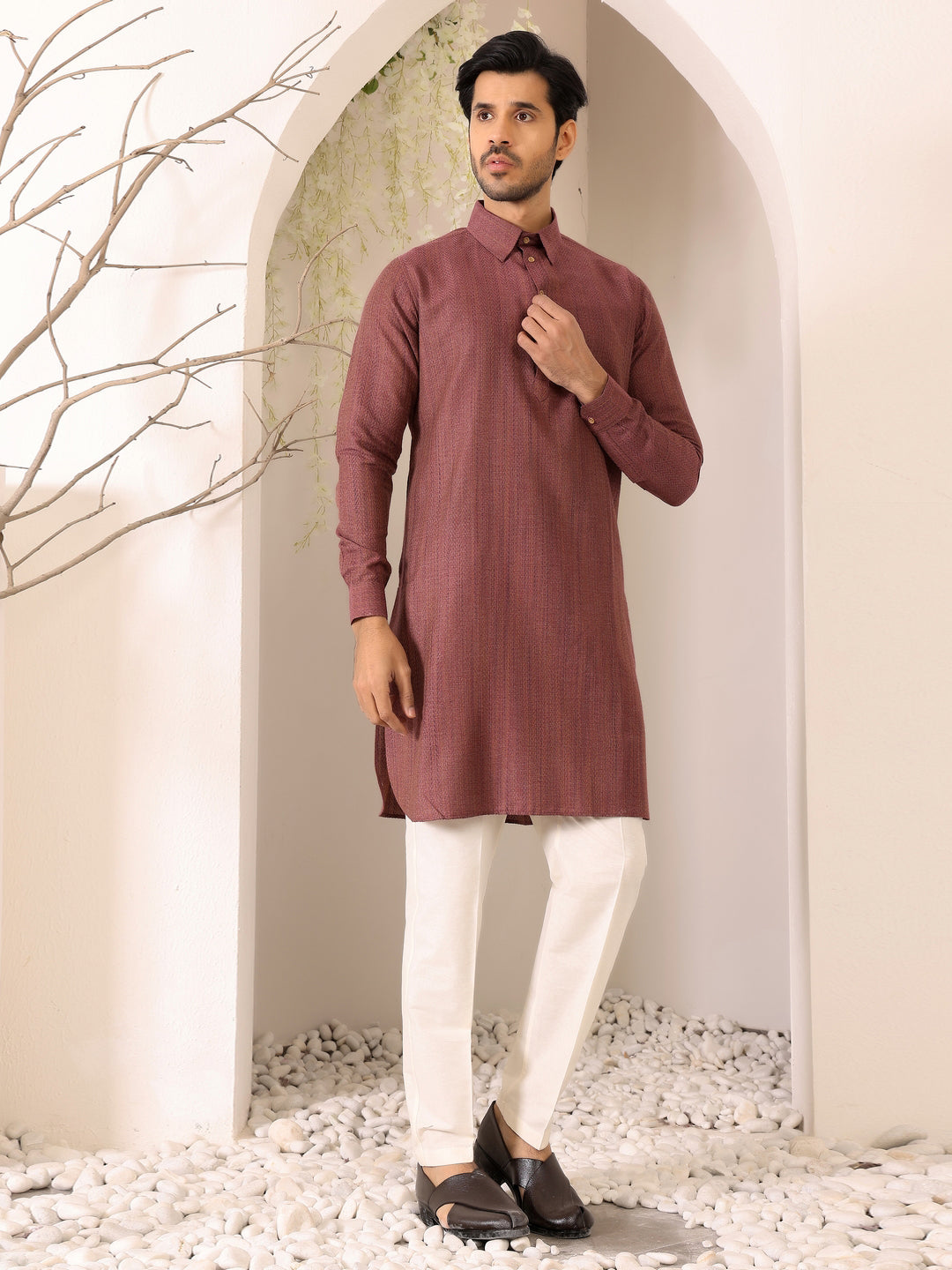 Chocolate Brown Self Design Handwoven Cotton Pathani Kurta