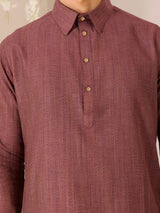 Chocolate Brown Self Design Handwoven Cotton Pathani Kurta