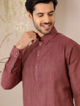 Chocolate Brown Self Design Handwoven Cotton Pathani Kurta