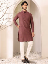 Chocolate Brown Self Design Handwoven Cotton Pathani Kurta