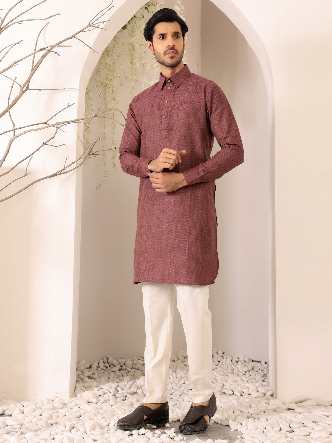 Chocolate Brown Self Design Handwoven Cotton Pathani Kurta