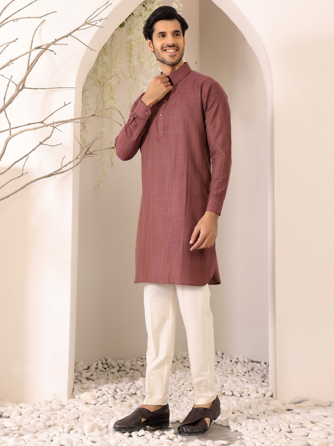 Chocolate Brown Self Design Handwoven Cotton Pathani Kurta