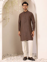 Dark Brown Self Design Handwoven Cotton Pathani Kurta