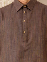 Dark Brown Self Design Handwoven Cotton Pathani Kurta