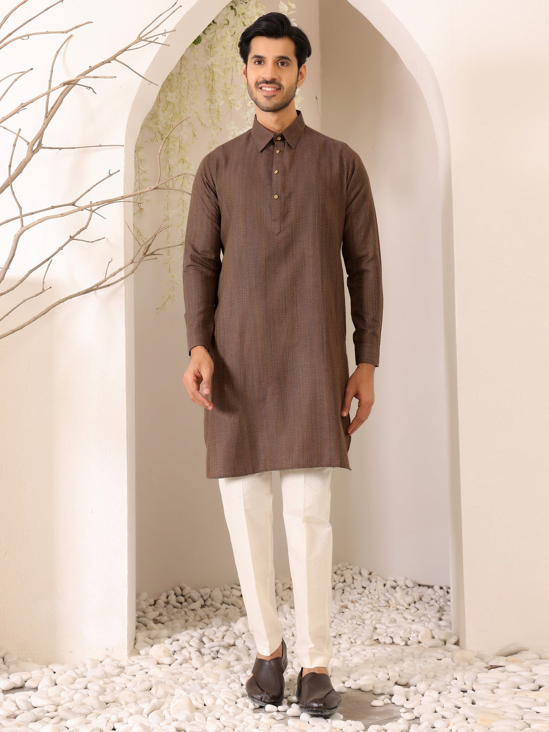 Dark Brown Self Design Handwoven Cotton Pathani Kurta